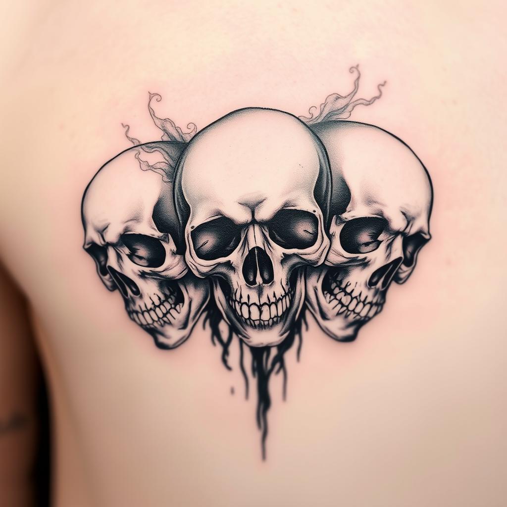A striking tattoo design featuring three detailed skulls arranged artistically
