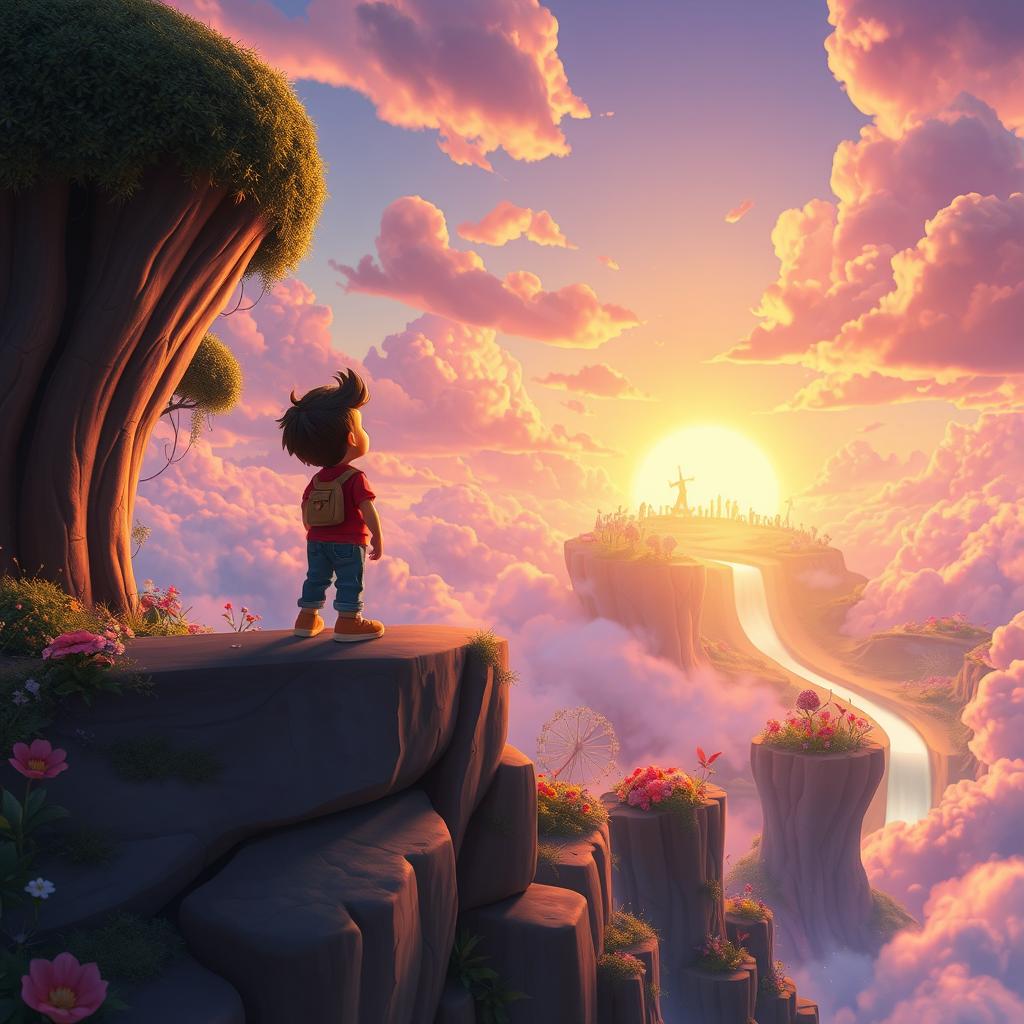 A whimsical scene featuring a protagonist standing on a cliff, gazing at a glowing horizon where the sky meets a mystical land