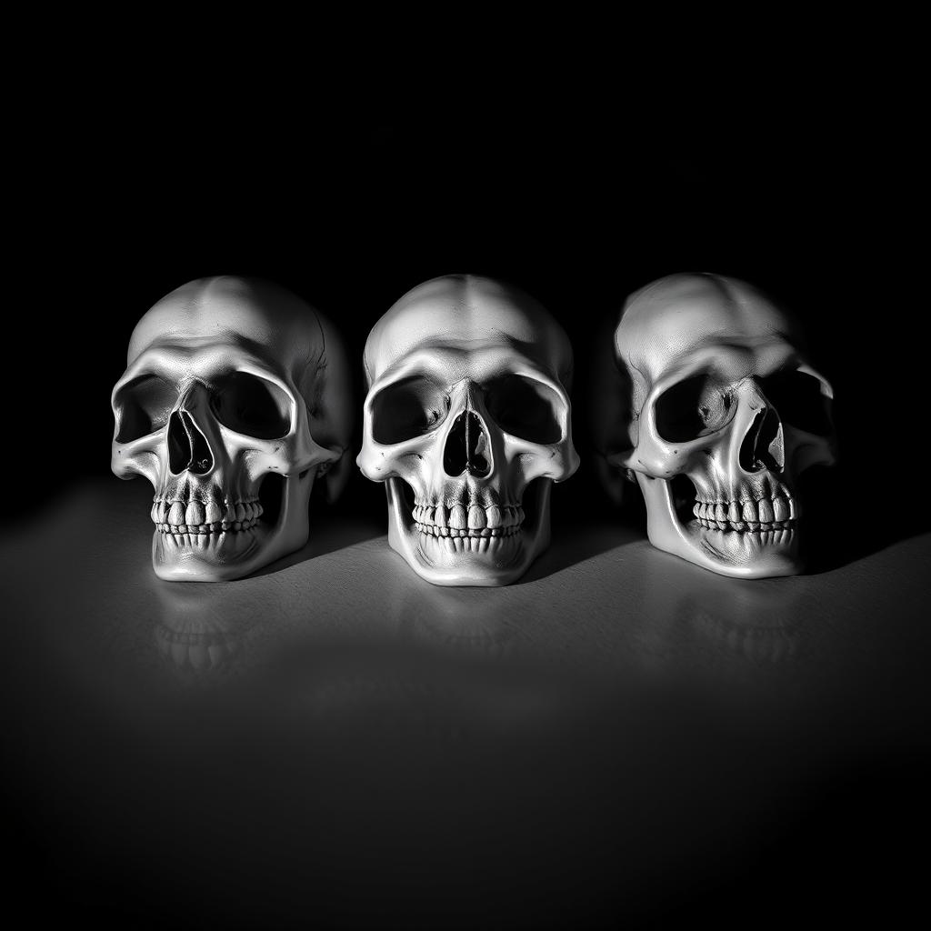 A dramatic composition featuring three skulls arranged artistically in a striking black and white setting