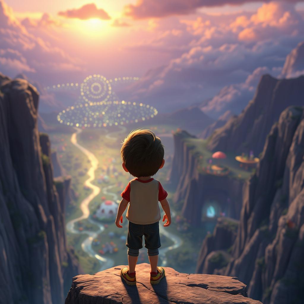 A protagonist stands on a dramatic cliff, gazing out at a mesmerizing glowing horizon where the sky seamlessly meets a mystical land filled with fantastical elements