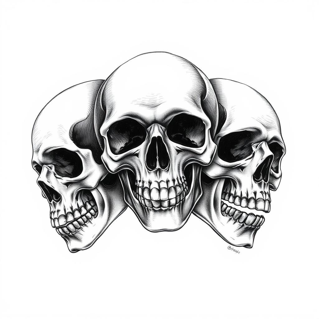 A detailed black and white drawing of three skulls arranged artistically