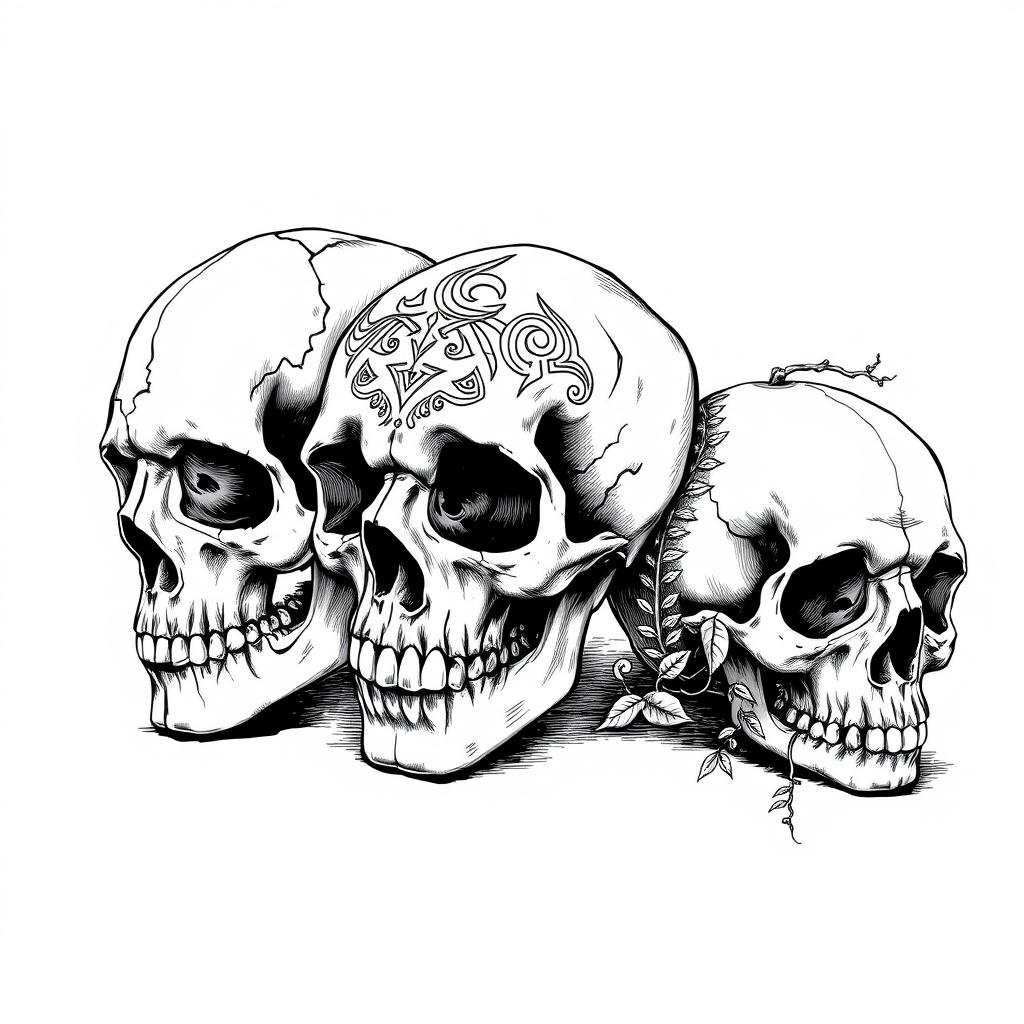 A detailed black and white drawing featuring three distinct skulls, arranged artistically