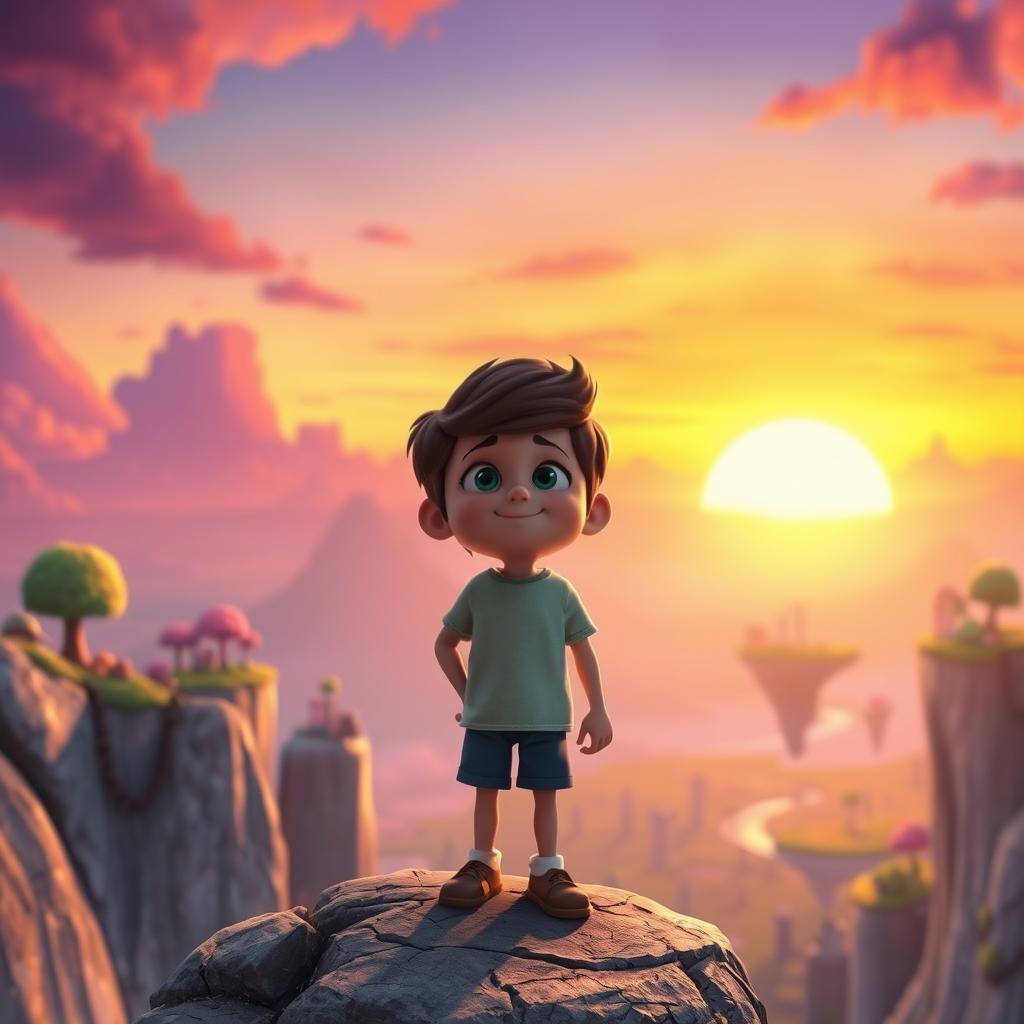A protagonist stands on a rocky cliff, gazing out towards a glowing horizon where a colorful sky meets a mystical landscape