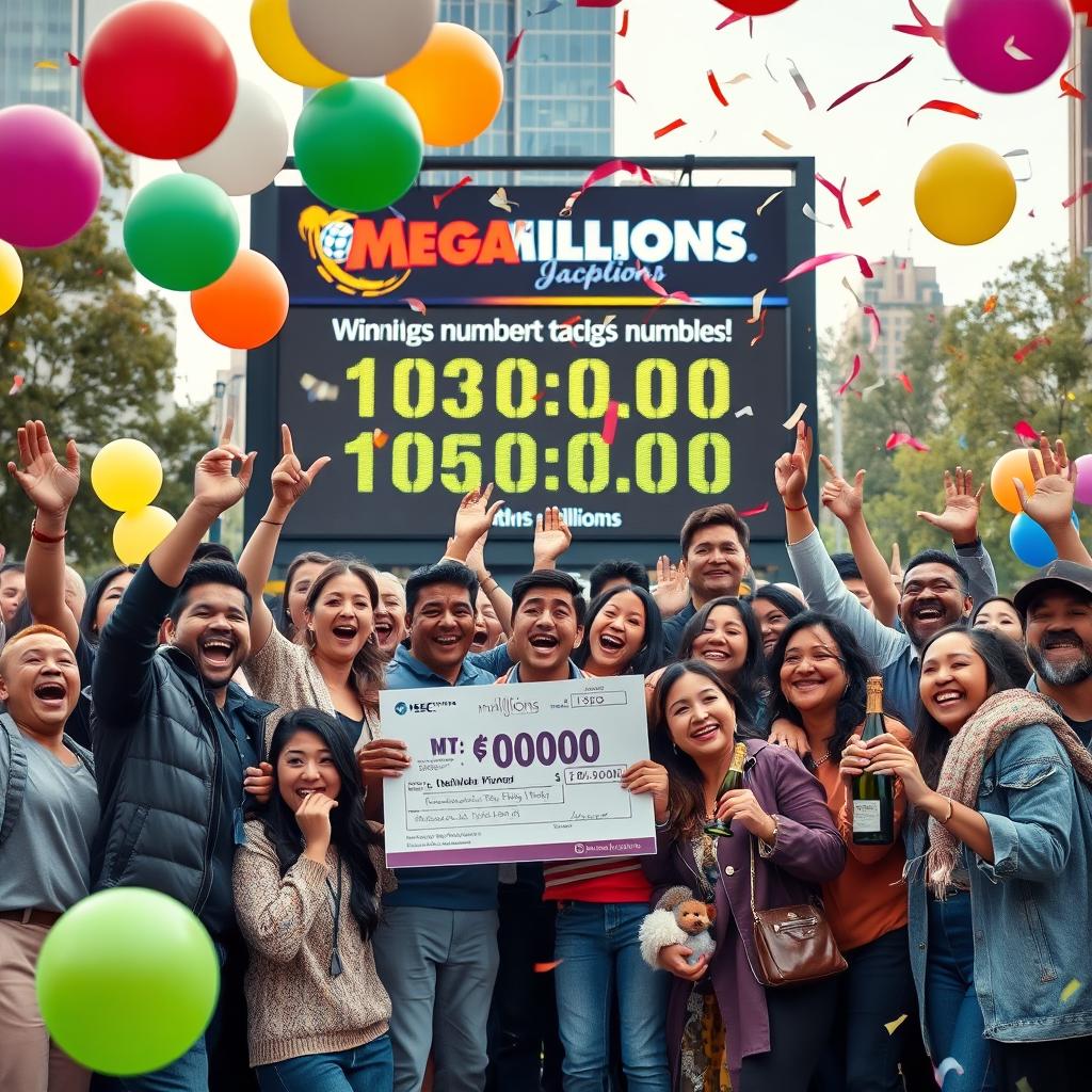 A vibrant and celebratory scene depicting a diverse group of joyful people celebrating a MegaMillions jackpot win