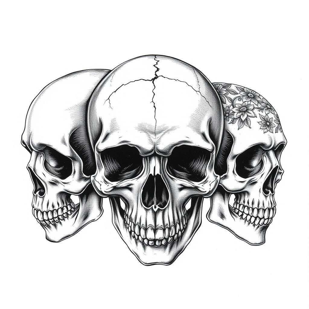 A striking black and white drawing featuring three unique skulls, each with its own distinctive characteristics