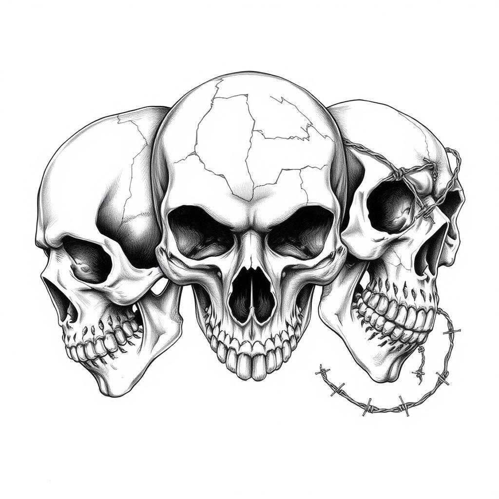 An intricate black and white drawing showcasing three distinct skulls, each with unique characteristics and expressions