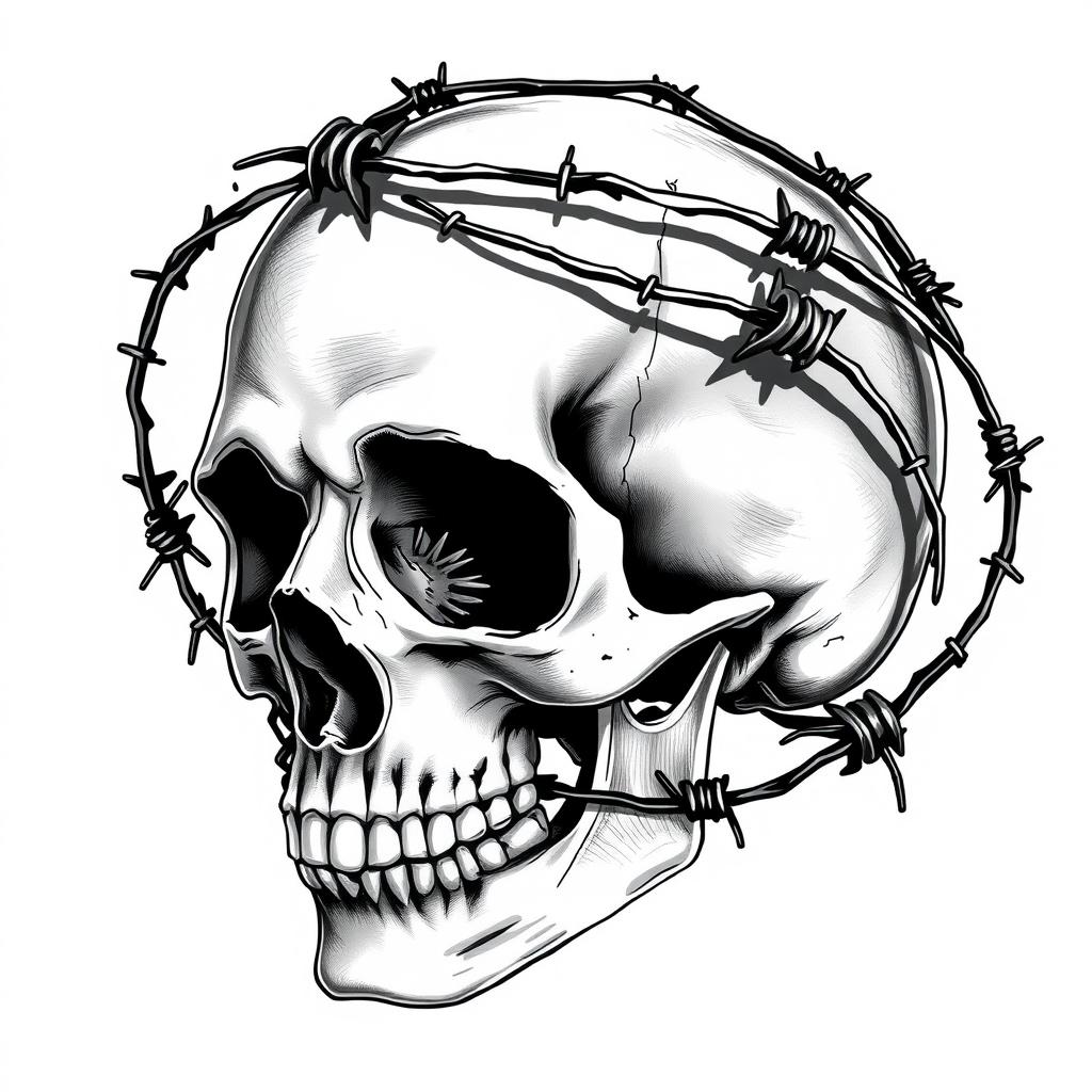 A striking black and white illustration featuring a detailed human skull entwined with barbed wire