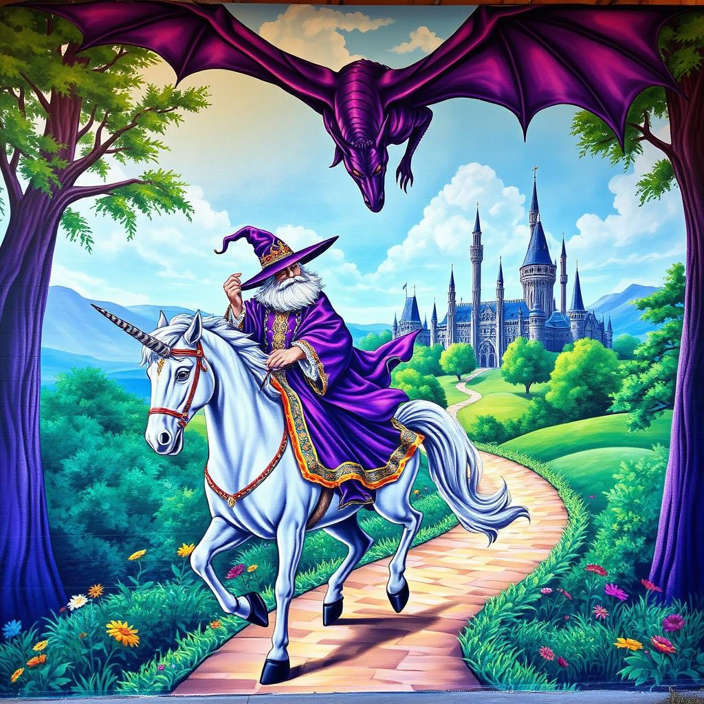 A vibrant mural depicting a majestic wizard in intricately detailed robes riding a graceful unicorn down a winding path