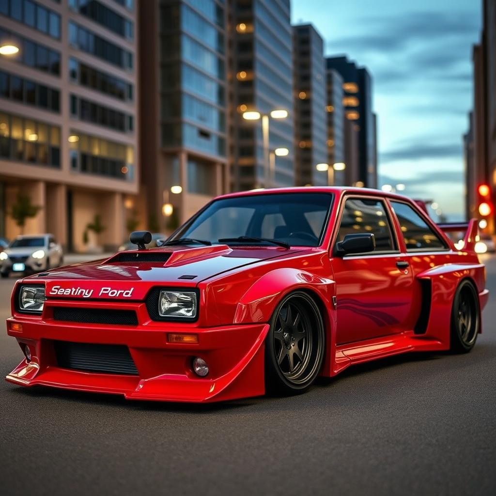 A modified Ford Escort GL with a body kit designed to closely resemble the Mazda RX-7 VeilSide widebody kit
