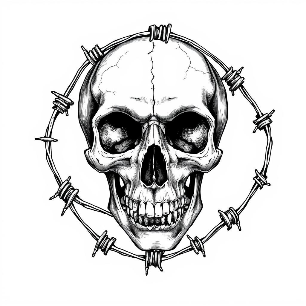 A detailed black and white drawing of a skull that embodies a sense of both danger and allure