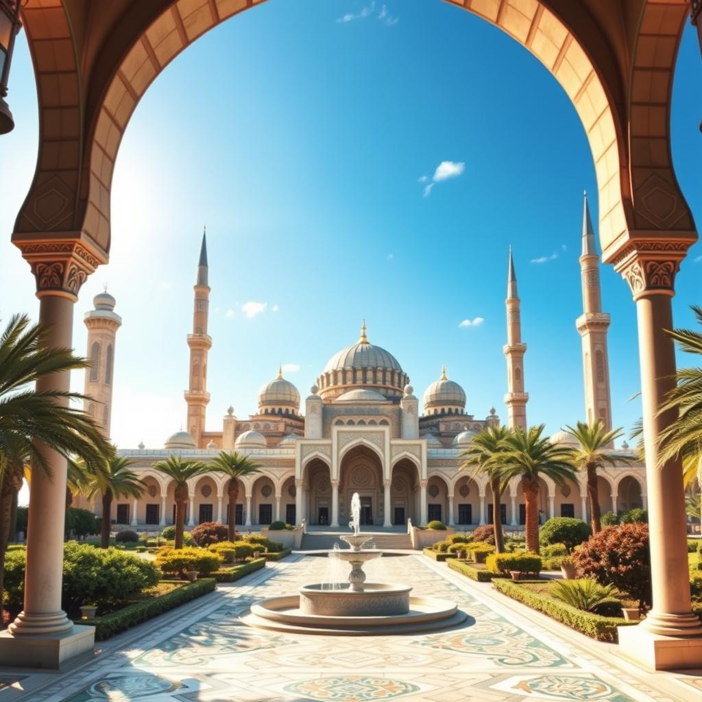 A beautiful Islamic architecture scene depicting an ornate mosque with stunning geometric patterns, intricate tile work, and soaring minarets under a bright blue sky