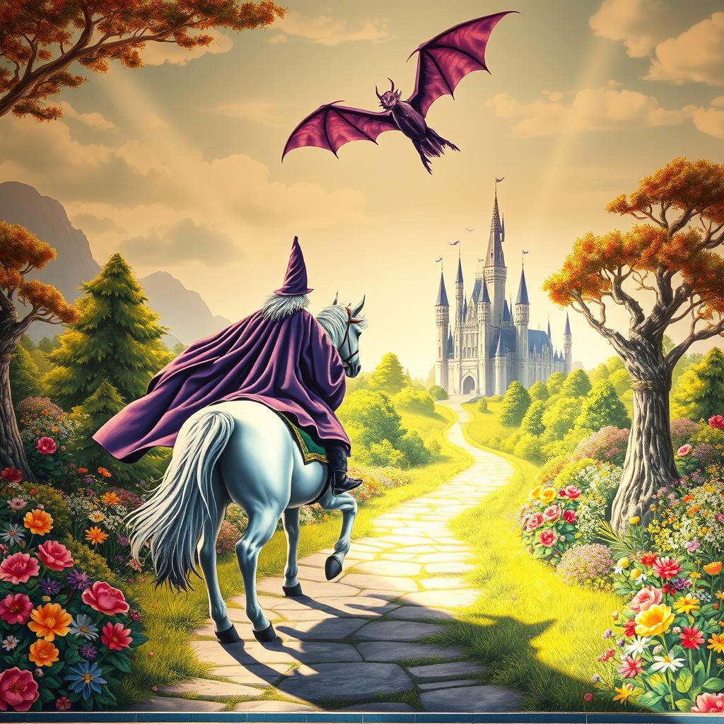 A stunning mural featuring a wizard in elaborate robes riding a magnificent unicorn down a serene path