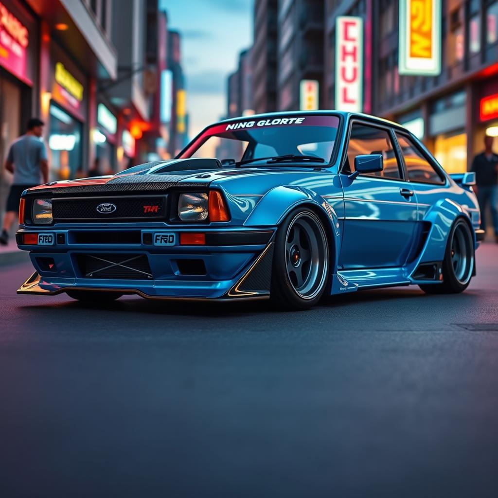 A modified Ford Escort GL with an extensively designed body kit that closely mimics the Mazda RX-7 VeilSide widebody kit, featuring noticeably wider fenders and a lowered chassis for a sporty stance