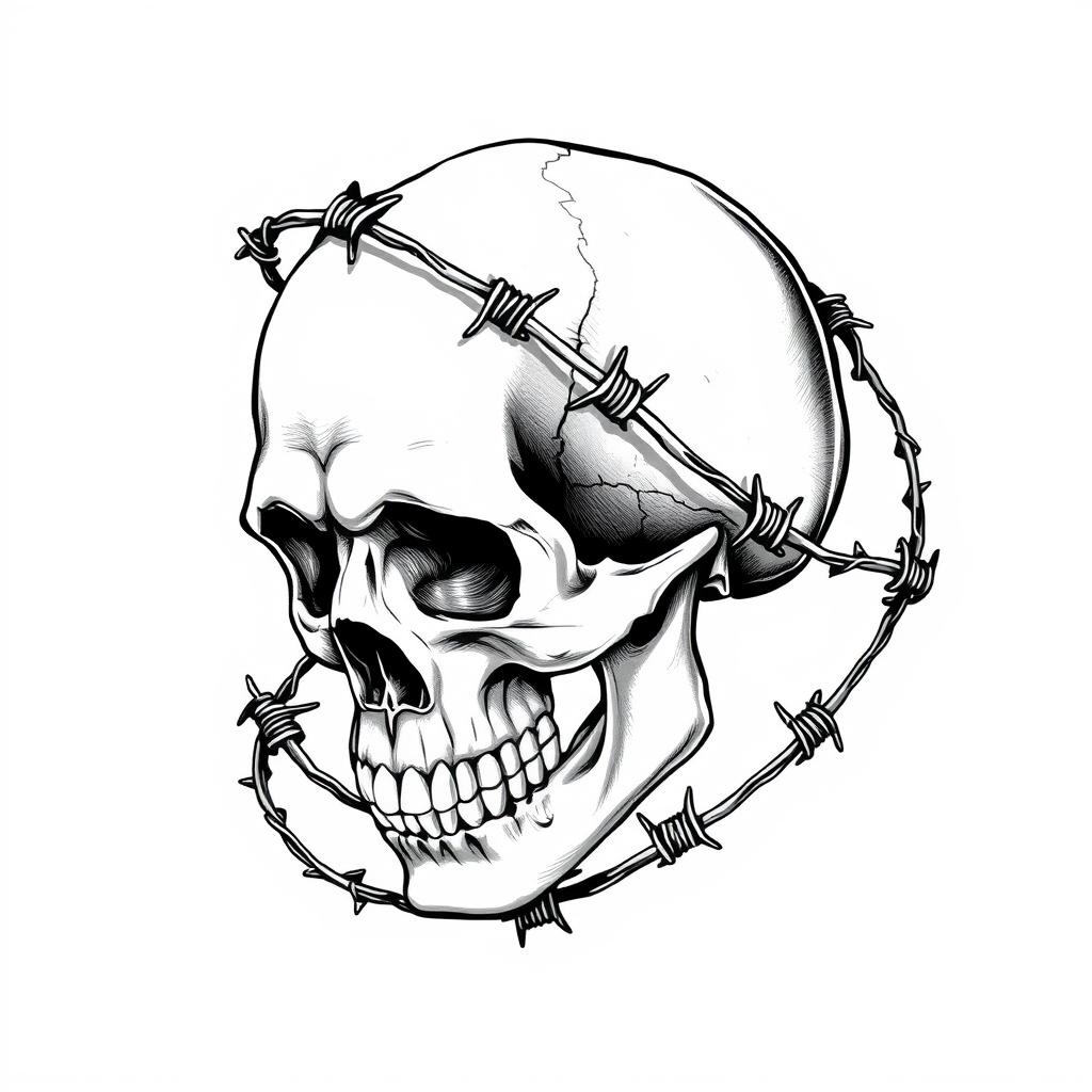 A bold black and white drawing of a skull combined with barbed wire, presenting a stark and dramatic visual