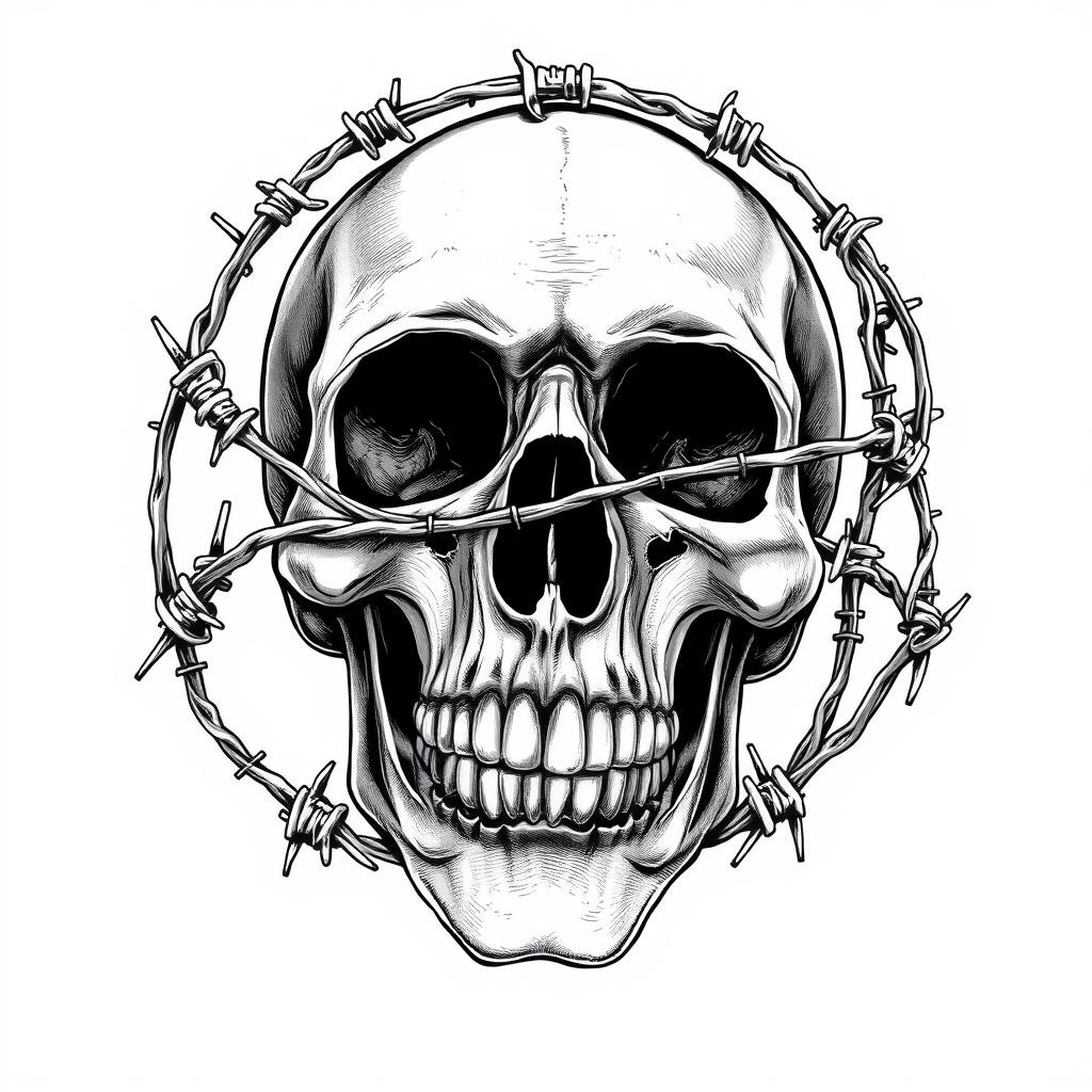 A powerful black and white illustration of a skull wrapped in barbed wire, showcasing intricate details and textures