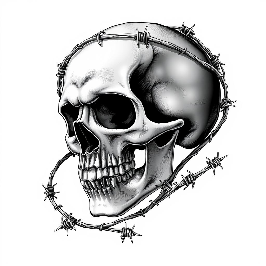 An evocative black and white illustration of a skull ensnared in barbed wire, capturing a blend of beauty and brutality
