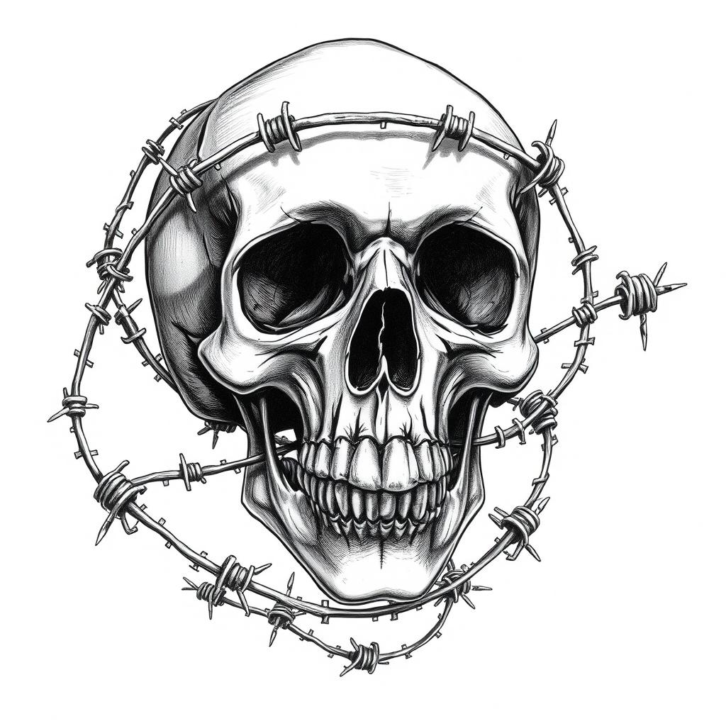 An arresting black and white drawing of a skull intricately entwined with barbed wire