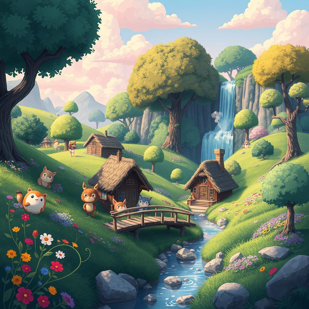 A vibrant and surreal landscape inspired by the style of Studio Ghibli