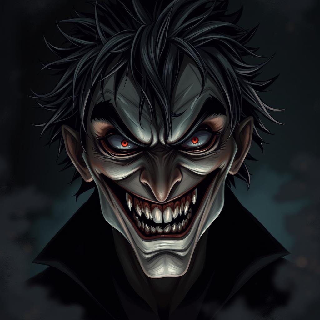 A close-up of a sinister-looking character with an evil smile, sharp teeth, and glinting eyes filled with malevolence