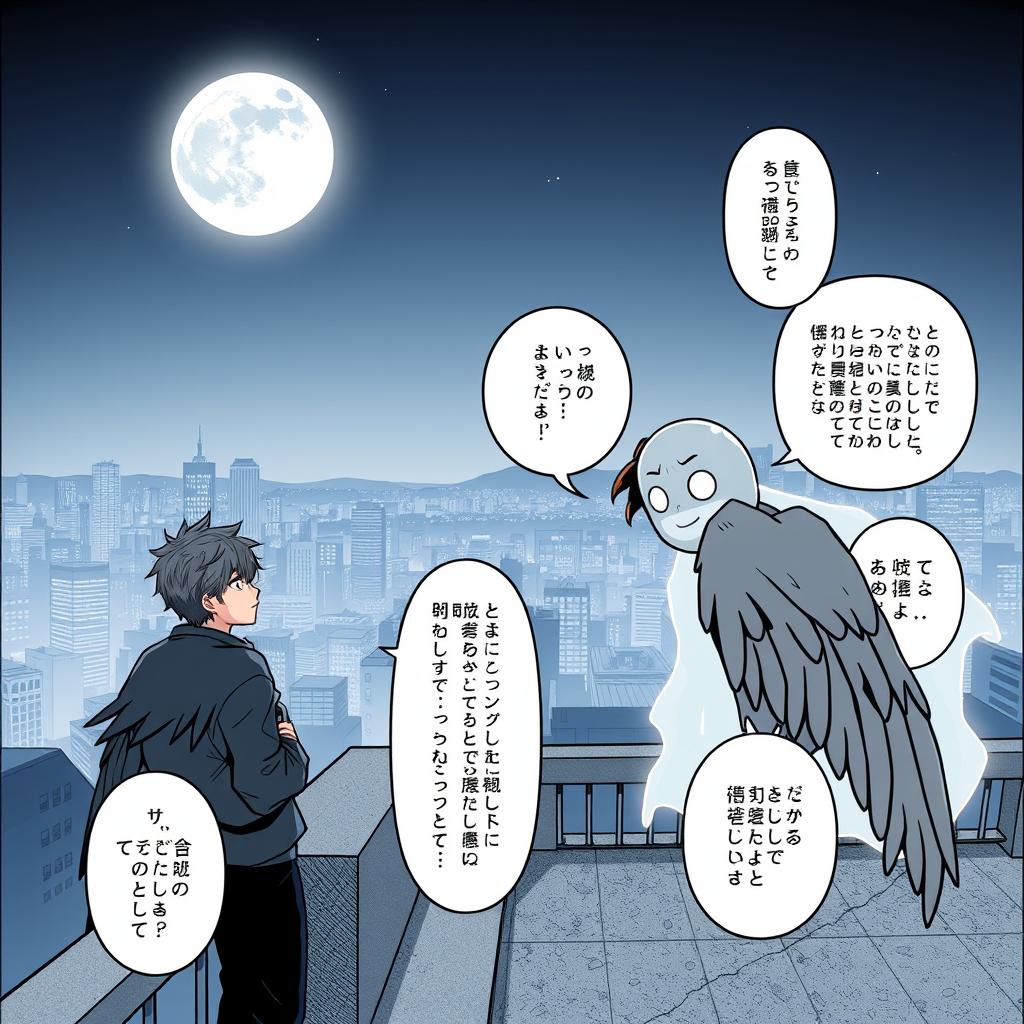 A manga-style comic page depicting a scene on a hero agency rooftop at night