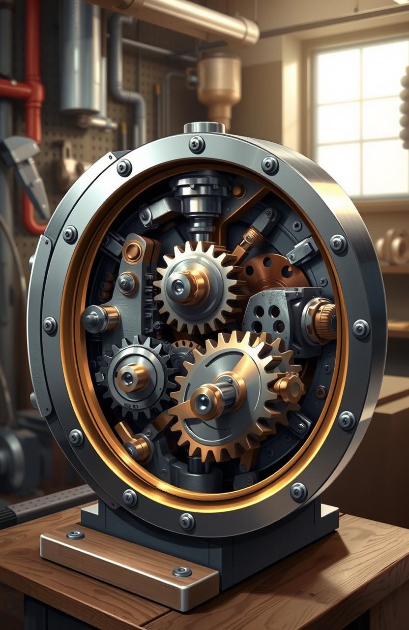 A highly detailed illustration of a mechanical gear box, showcasing its intricate components such as gears, levers, and shafts within a robust casing