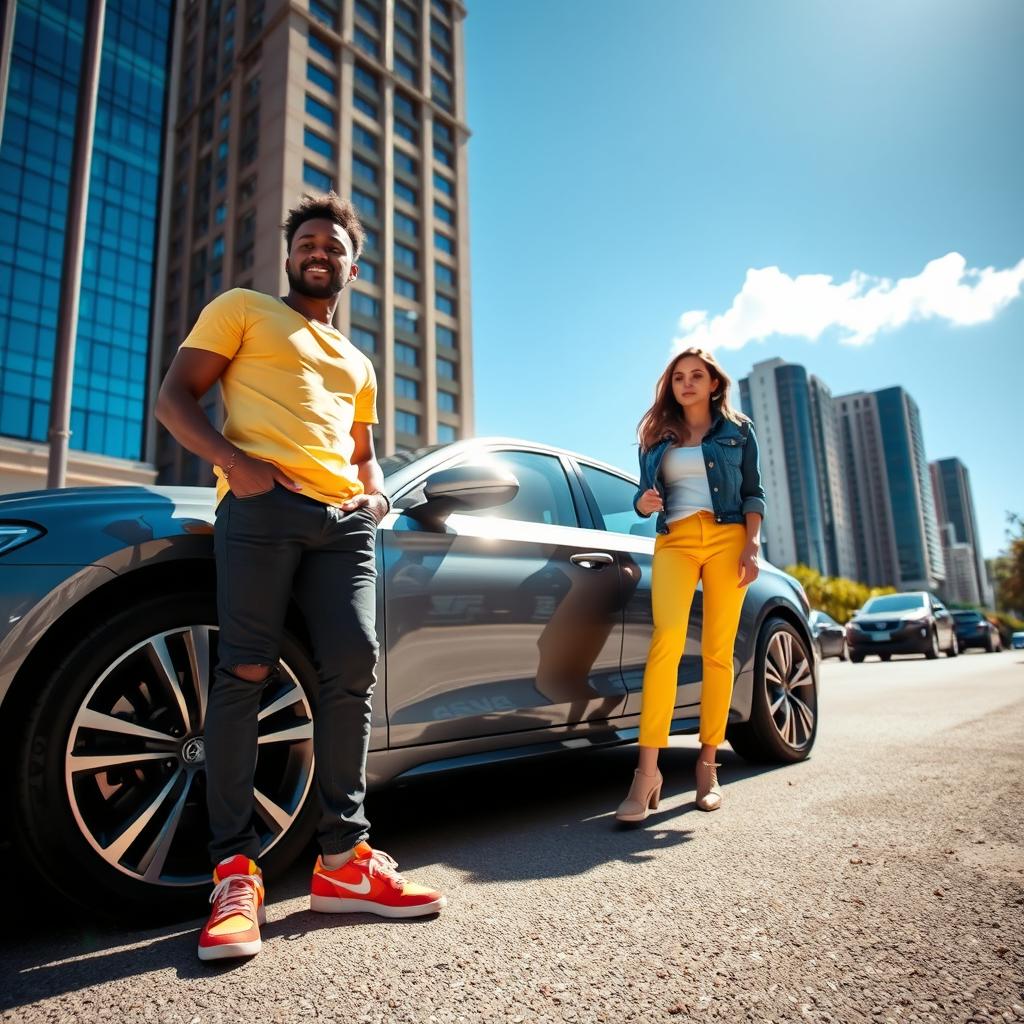 A vibrant urban scene featuring two people in an exciting environment