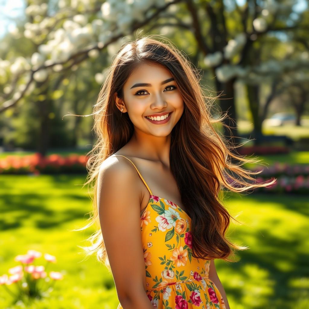 A stunning portrait of a confident young woman with flowing long hair, wearing a vibrant summer dress adorned with floral patterns