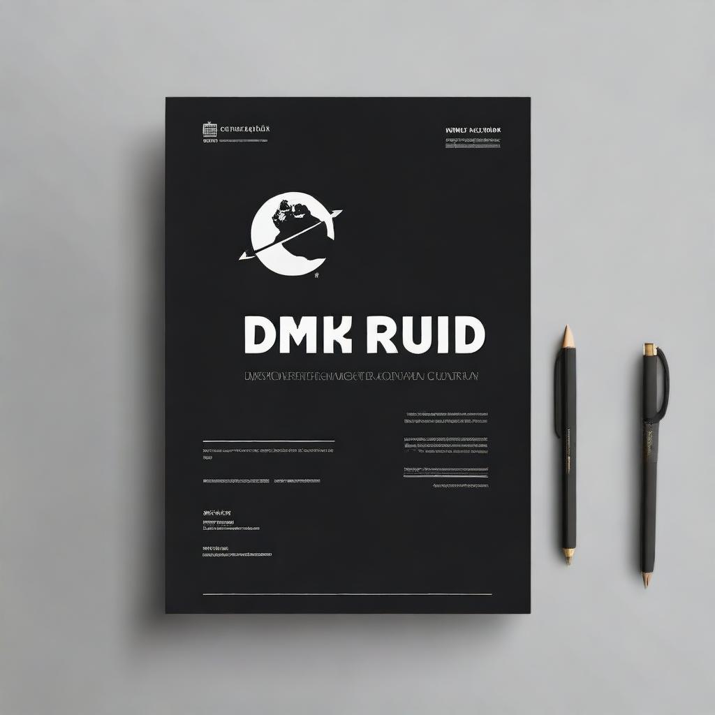 Create a letterhead for DMND company, featuring a black background and striking white font, topped by the globe and arrow logo.