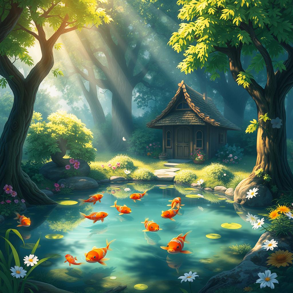 A vibrant, enchanting scene depicting a whimsical forest clearing bathed in soft, dappled sunlight