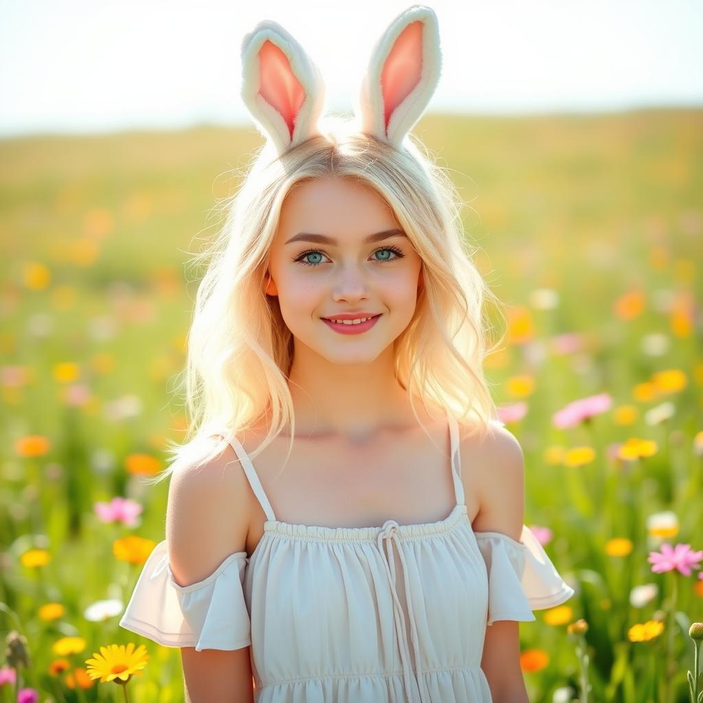 A young woman with light blonde hair and striking blue eyes standing in a serene, sunlit meadow