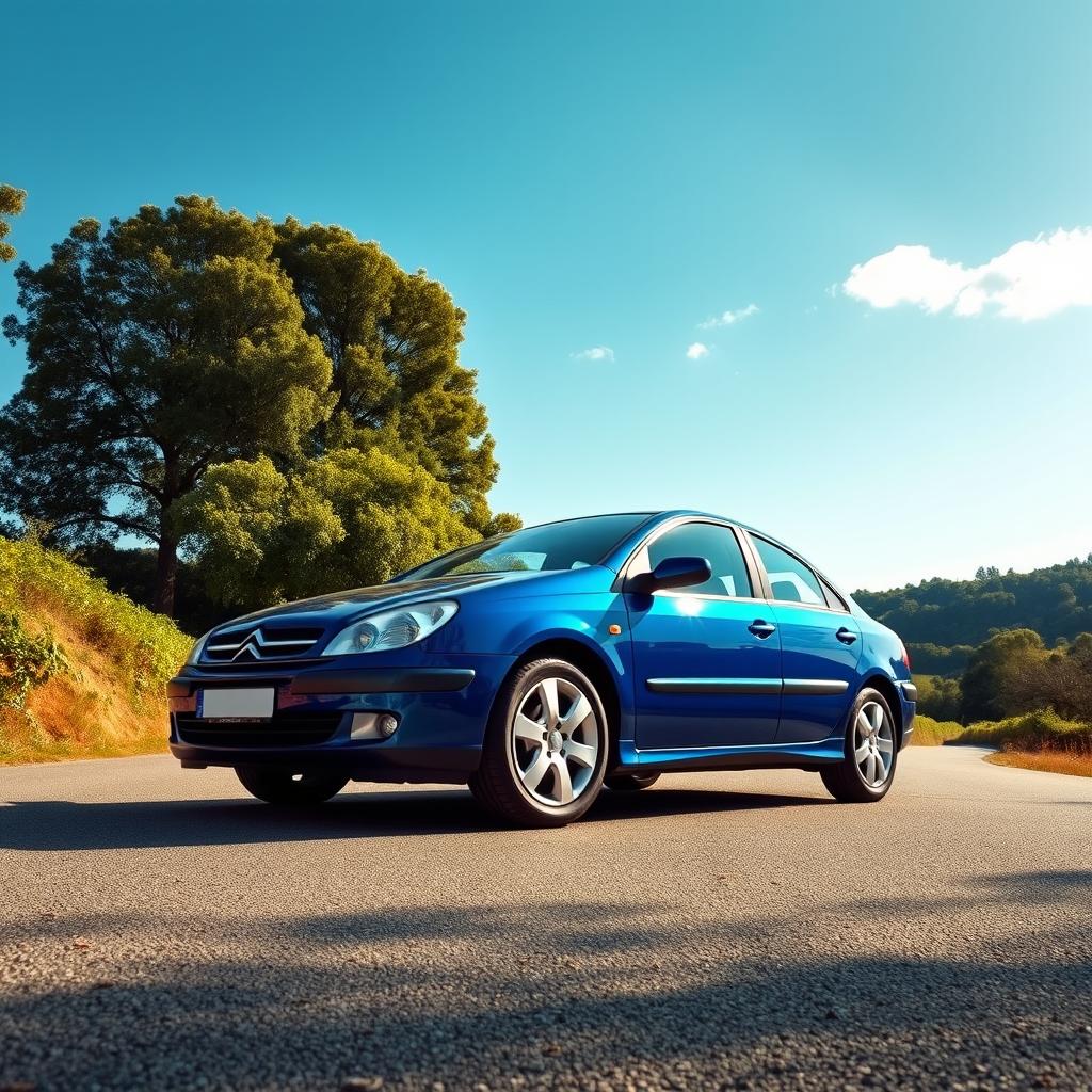 A stunning Citroen Xsara in a vibrant blue color, captured in a dynamic scene
