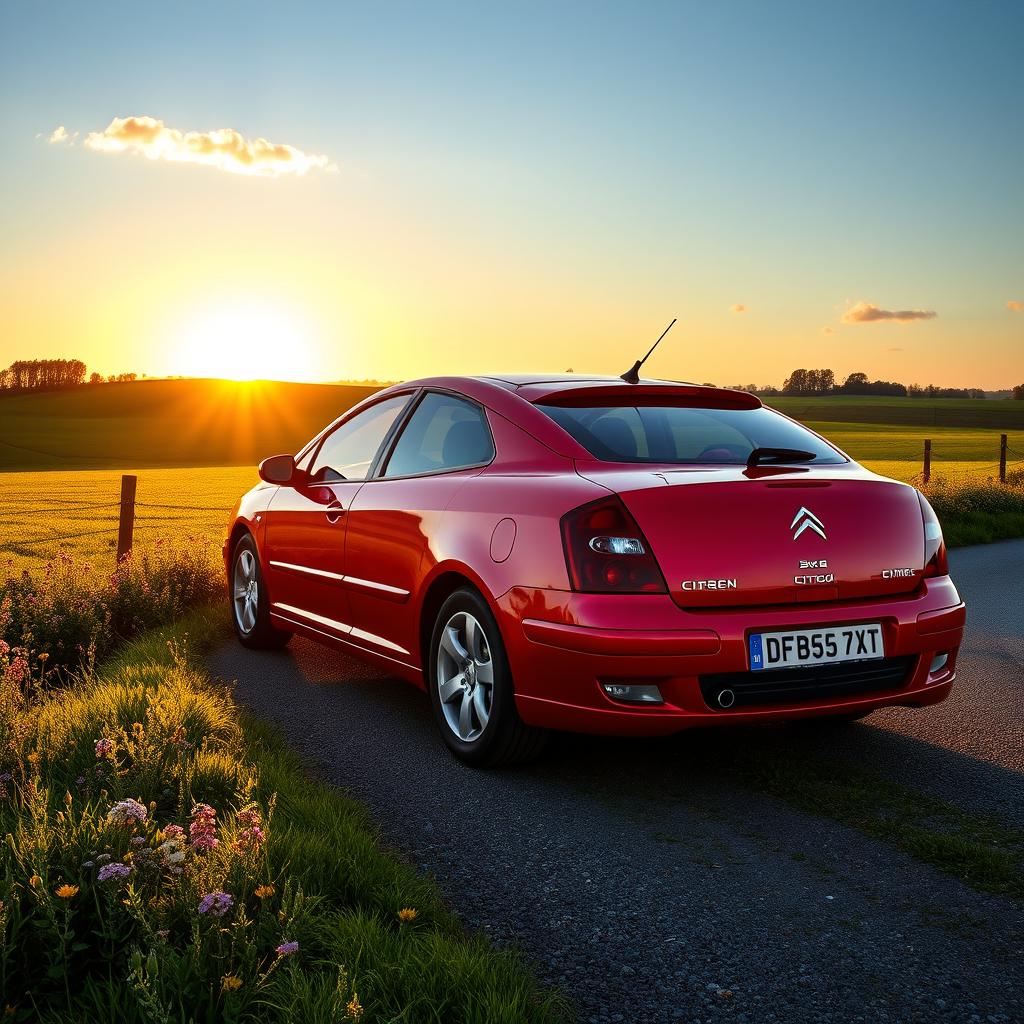 A Citroen Xsara parked elegantly on a scenic countryside road, surrounded by lush green fields and blooming wildflowers