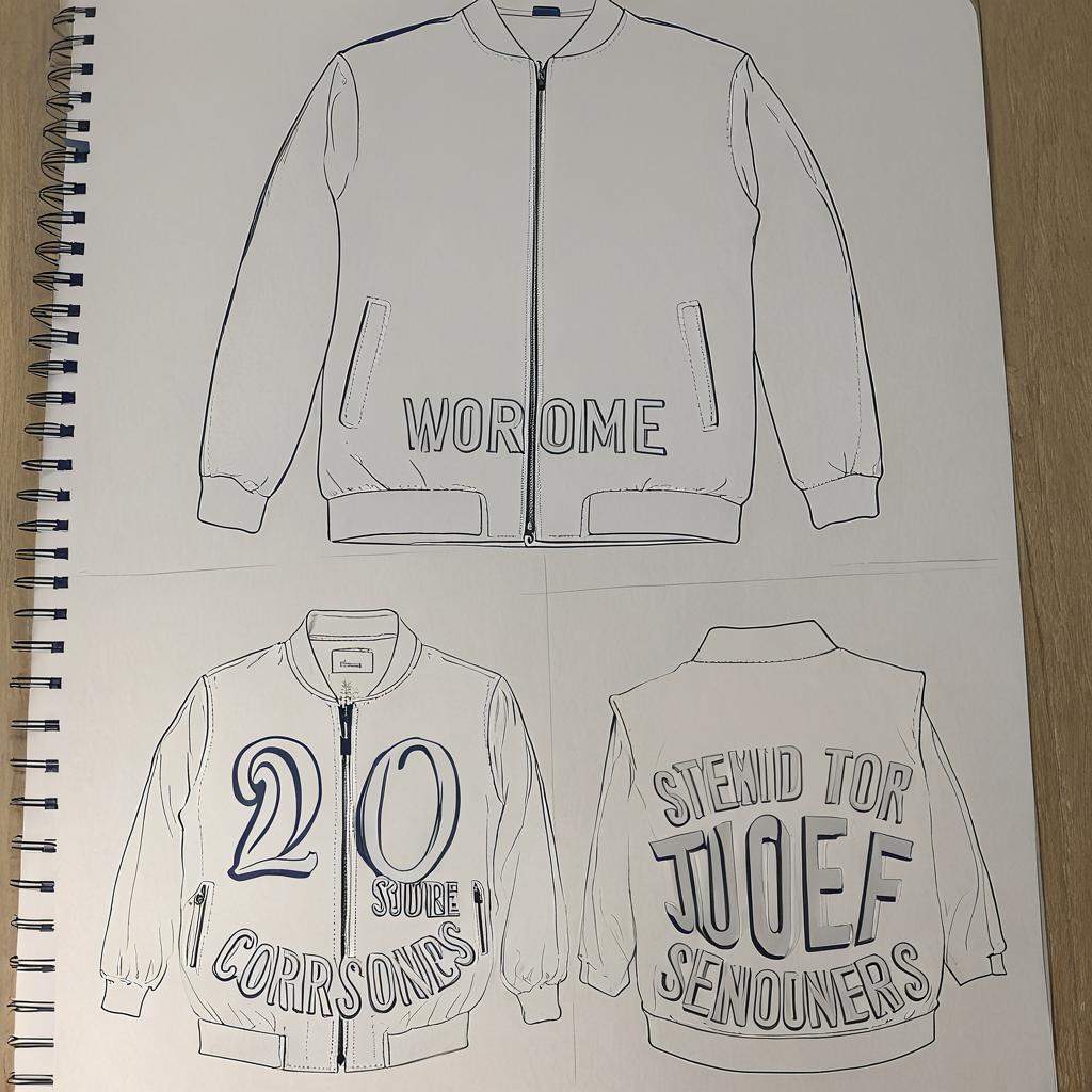 1.	Base Design: Create three versions of a jacket based on the three provided sketches.
	2.	Colors:
	•	Main body: Navy blue.
	•	Sleeves: Light gray or off-white.
	•	Letters and details: White.
	3.	Design Layout:
	•	Each design should follow the structure of the corresponding sketch.
	•	The text should be placed in the same arrangement as in the sketches.
	4.	Additional Text: The word “Nombre” (Name) should be added at the bottom of the jacket for personalization.