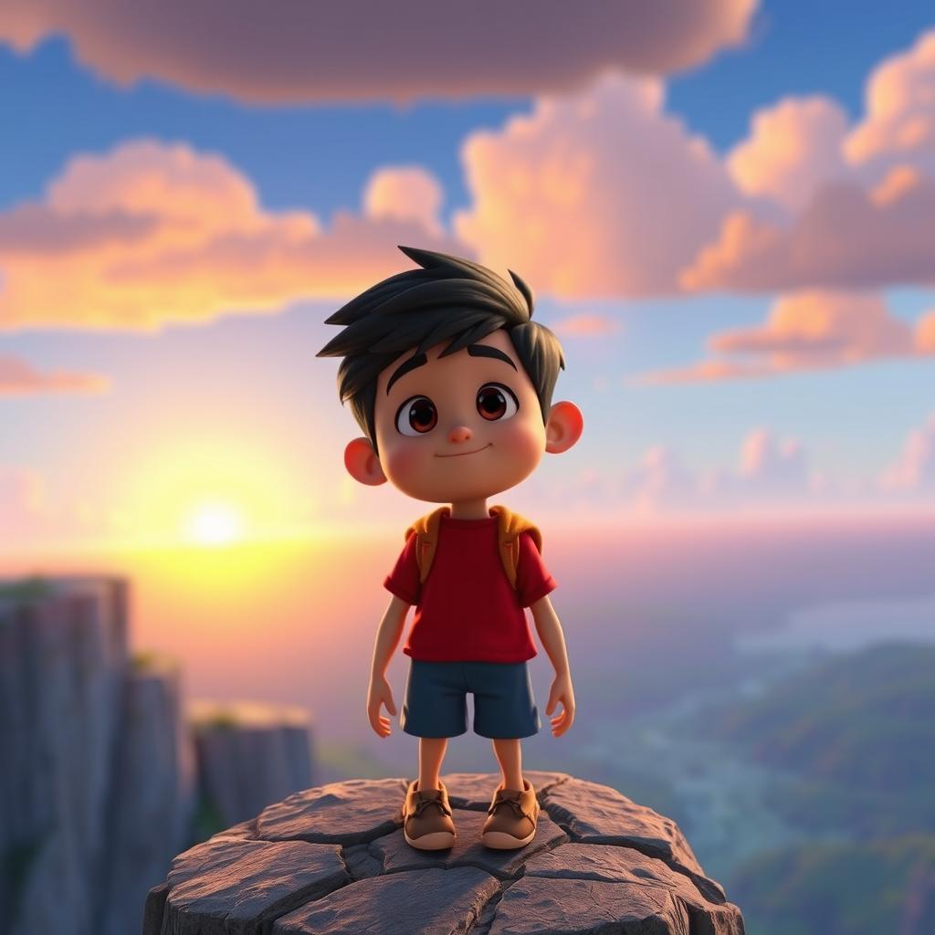 A protagonist standing on a cliff, gazing out at a glowing horizon where the sky meets a mystical land