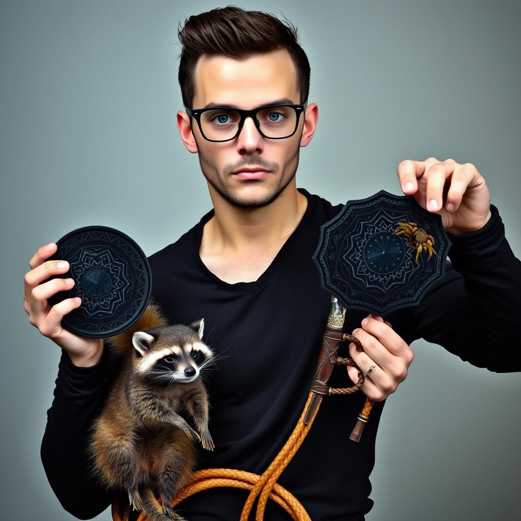 A masochistic man with aquamarine eyes, wearing stylish glasses that enhance his intellectual appearance, dressed in a sleek black long-sleeve shirt that showcases his fit body