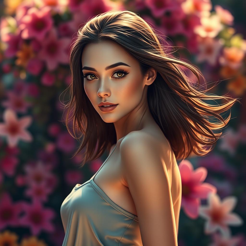 A digital artwork depicting a beautiful woman with delicate features and an elegant pose, showcasing a stylish outfit