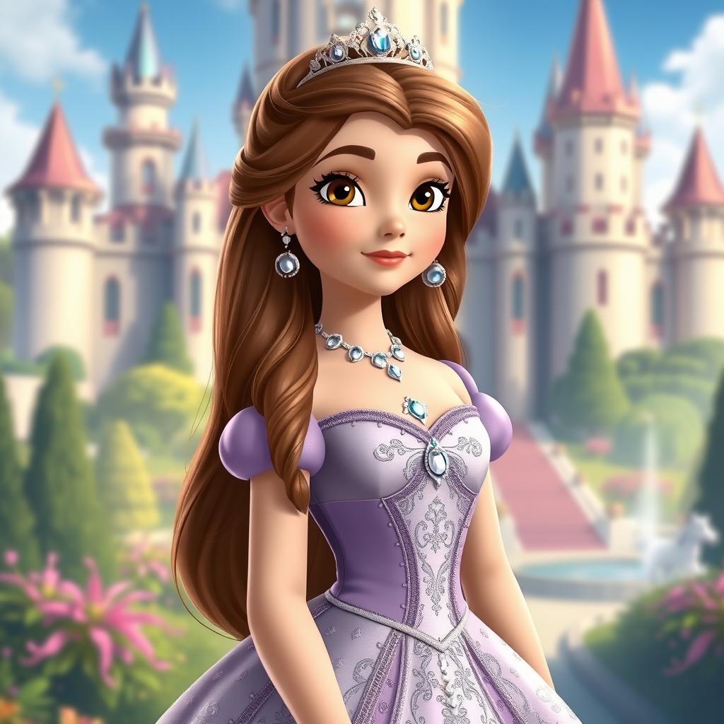 An adult version of Sofia the First, showcasing her as a confident and elegant young woman