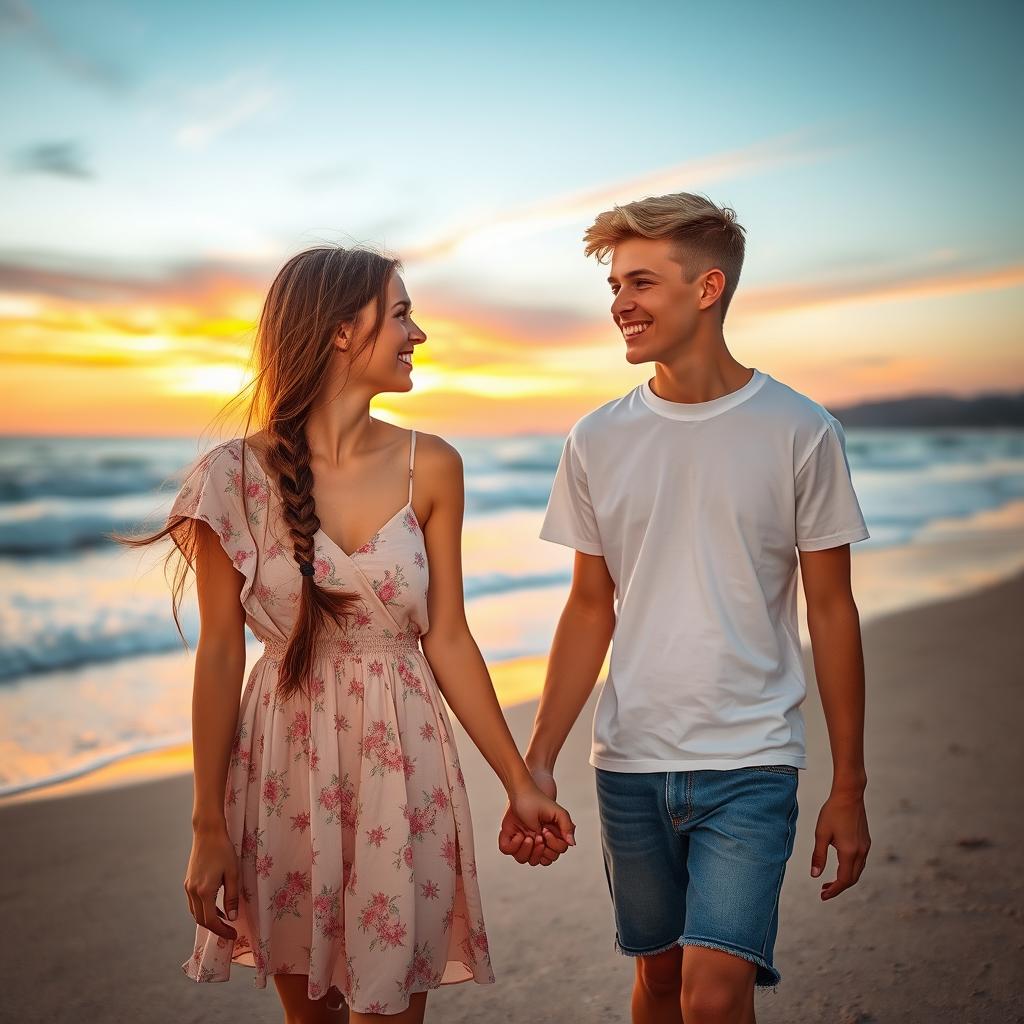 A romantic scene featuring a teenage couple outdoors during sunset, holding hands while walking on a picturesque beach