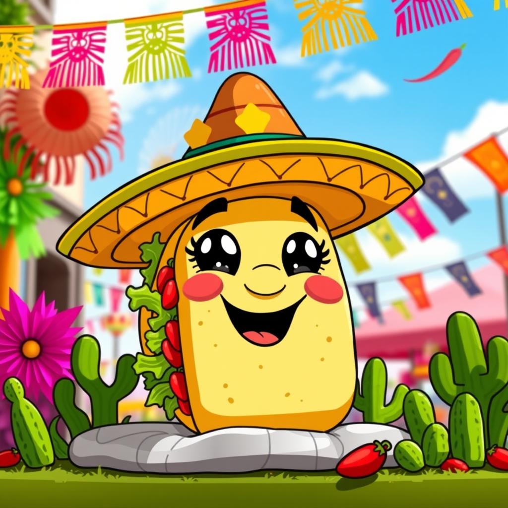 A whimsical and colorful taco wearing a traditional Mexican sombrero, surrounded by vibrant decorations such as papel picado, chili peppers, and cacti