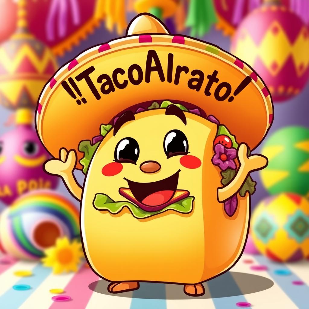A cheerful taco character wearing a colorful sombrero, animatedly saying !TacoAlrato! in a festive, vibrant setting