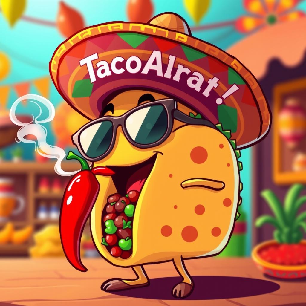 A cartoon-style taco character wearing a colorful sombrero and stylish sunglasses, joyfully smoking a bright red chili pepper