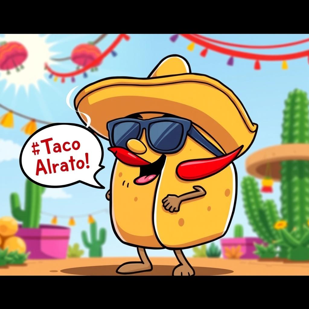 A cartoonish taco character wearing a sombrero and sunglasses, smoking a bright red chili pepper