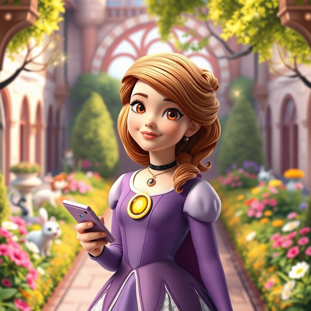 A young princess resembling Sofia the First, portrayed as a modern teenager in 2025, wearing a stylish and elegant outfit that blends traditional royal attire with contemporary fashion trends