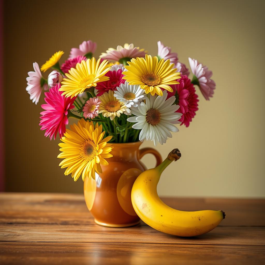 A vibrant, colorful still life arrangement featuring a beautiful bouquet of flowers in a ceramic vase placed on a wooden table