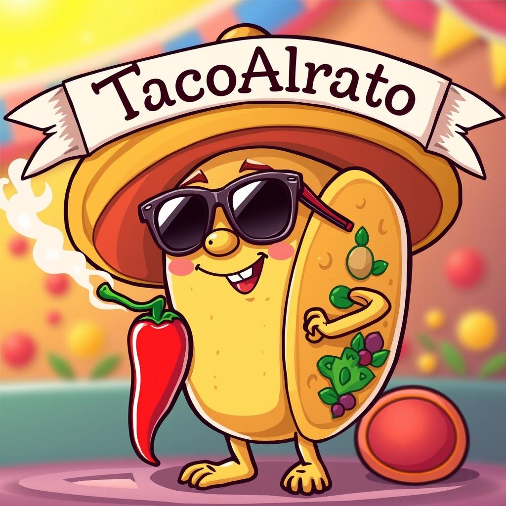 A humorous and whimsical taco character, wearing a vibrant sombrero and stylish sunglasses