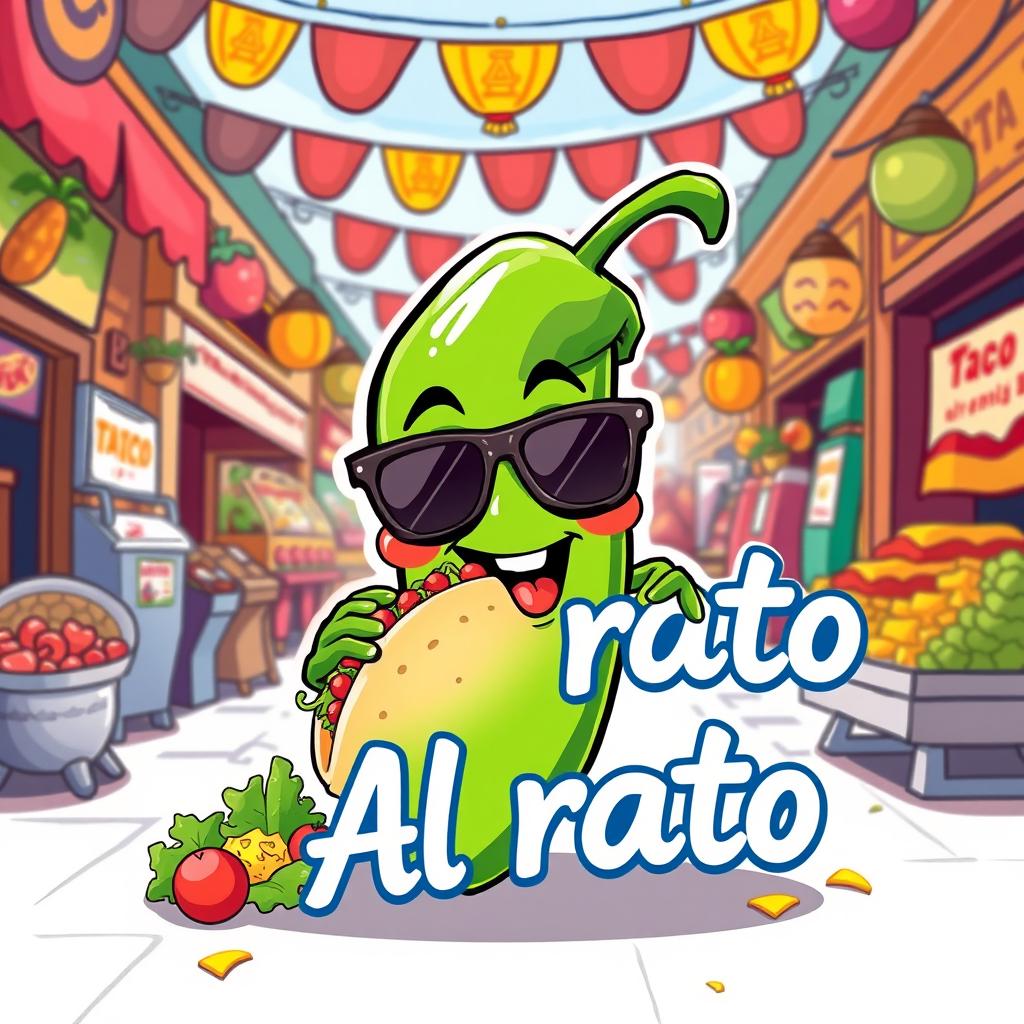 A cartoon-style illustration of a cartoon jalapeño pepper character wearing sunglasses, joyfully eating a taco with the text 'Taco Al rato' artistically integrated into the scene