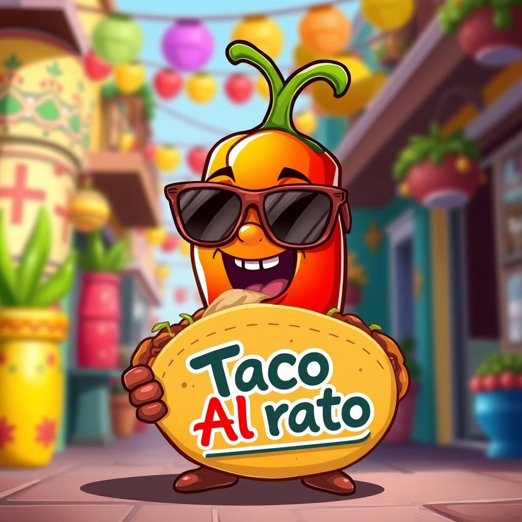 A cartoonish representation of an habanero chili pepper wearing cool sunglasses, enthusiastically eating a taco