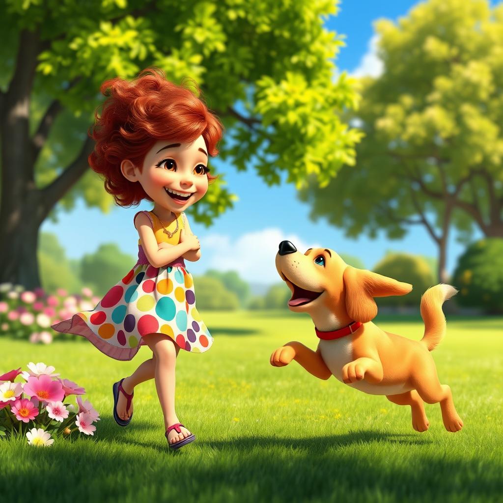 A vibrant and whimsical scene in the style of Pixar animation, featuring a happy young girl with curly red hair wearing a colorful dress, playing with her golden retriever in a sunny park filled with lush green trees, blooming flowers, and a clear blue sky