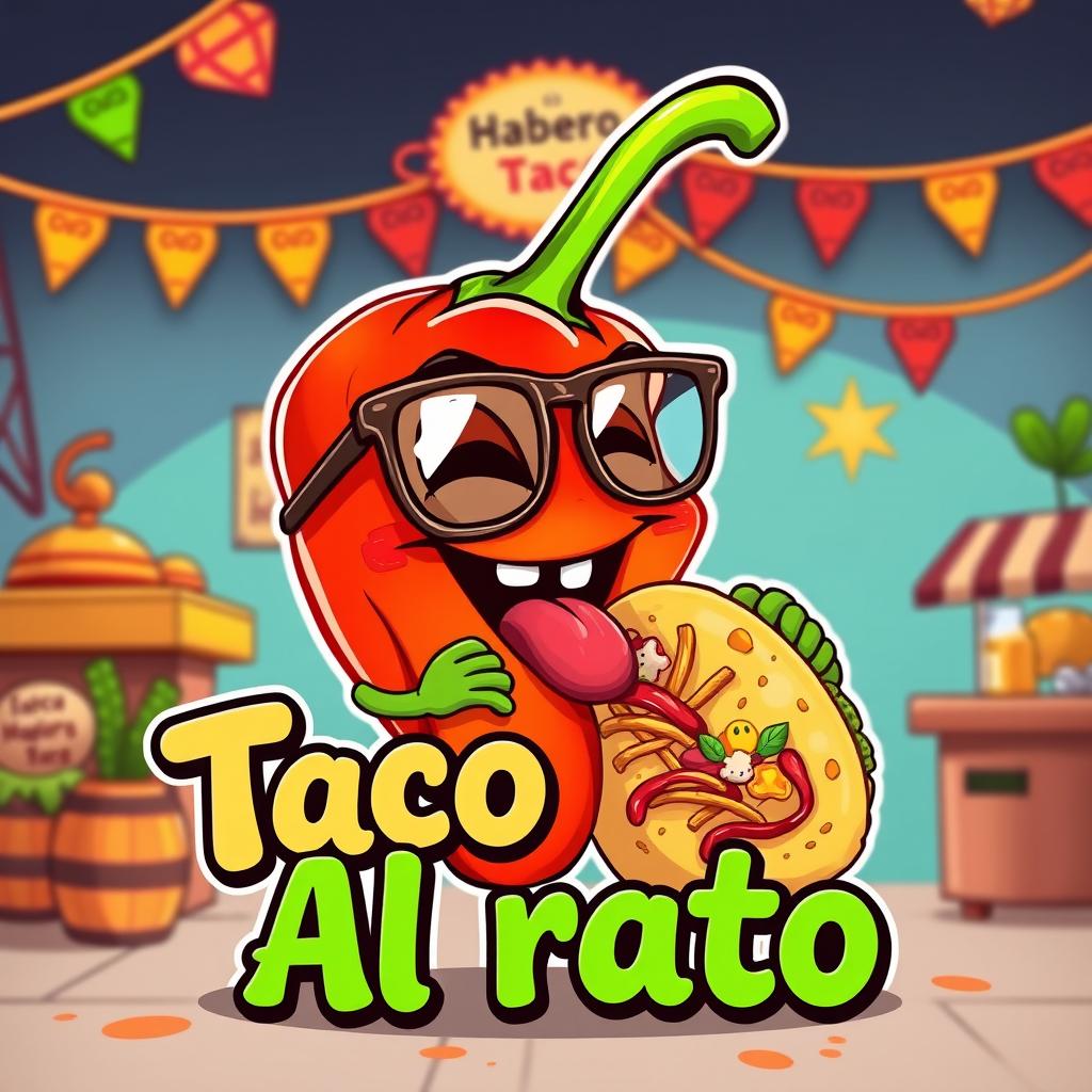 A fun and playful illustration of a vibrant habanero pepper wearing stylish glasses, enthusiastically enjoying a delicious taco with the text 'Taco Al rato' in a whimsical font