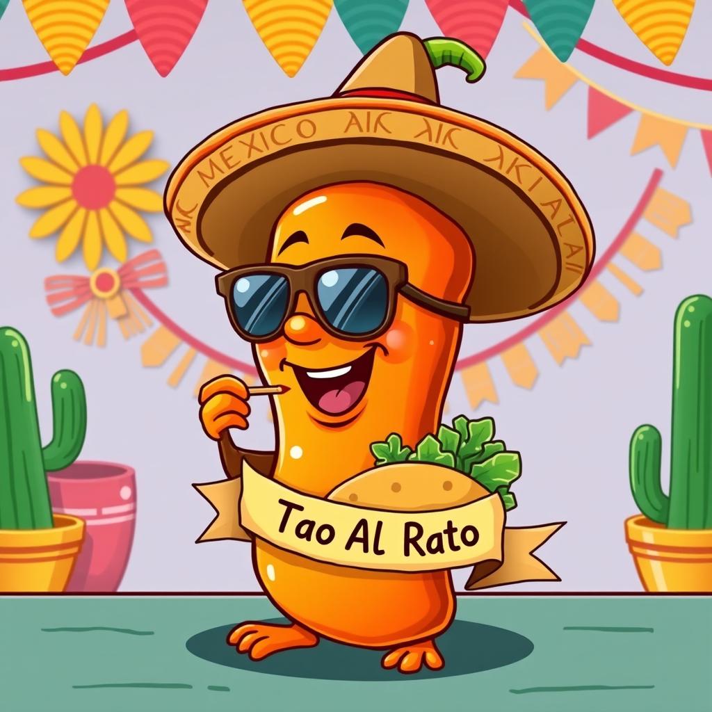 A vibrant and humorous illustration of a habanero pepper wearing stylish sunglasses and a traditional Mexican sombrero, joyfully eating a taco
